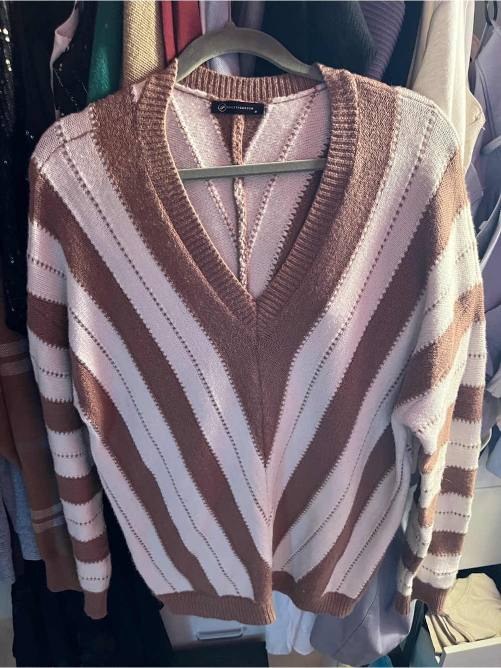 Chevron-Stripe V-Neck Sweater in Brown and Cream